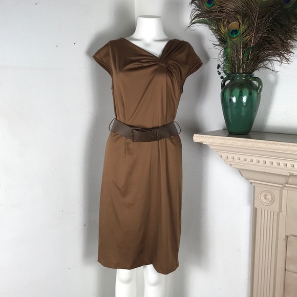 Anne Klein Dresses & Skirts - Anne Klein Khaki Shift Dress Asymmetrical Pleated